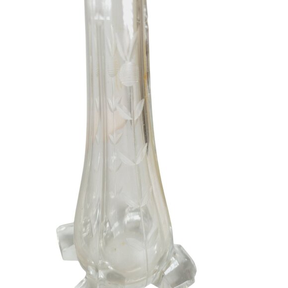 Vintage 1920's Bud Vase Etched Flowers in Clear Glass Footed 9.5" Belgium - Picture 6 of 12